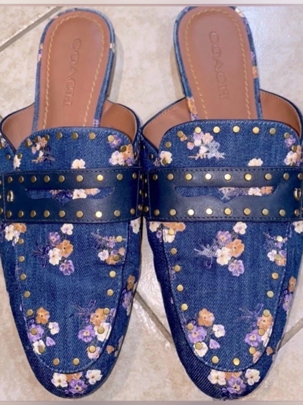 COACH Studded Blue Floral Slide Shoes Women’s US 9 in Painted Floral Box Print